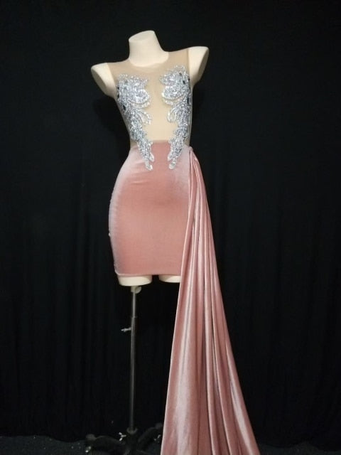Sparkly Rhinestones Mesh Dress Pink