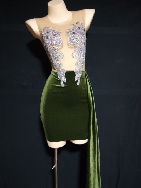 Sparkly Rhinestones Mesh Dress green