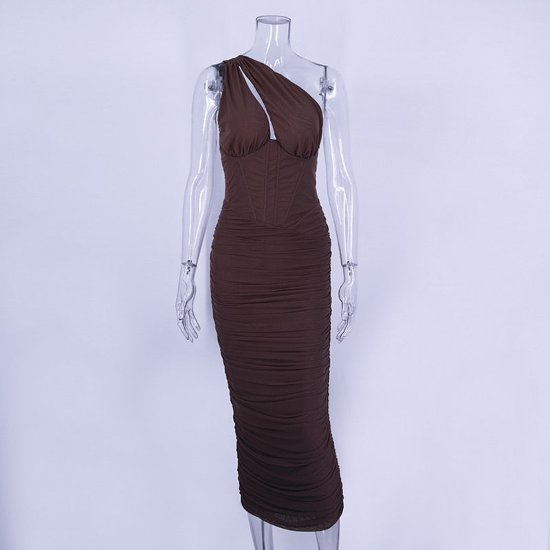 The Night Mesh Ruched Dress Dark Brown