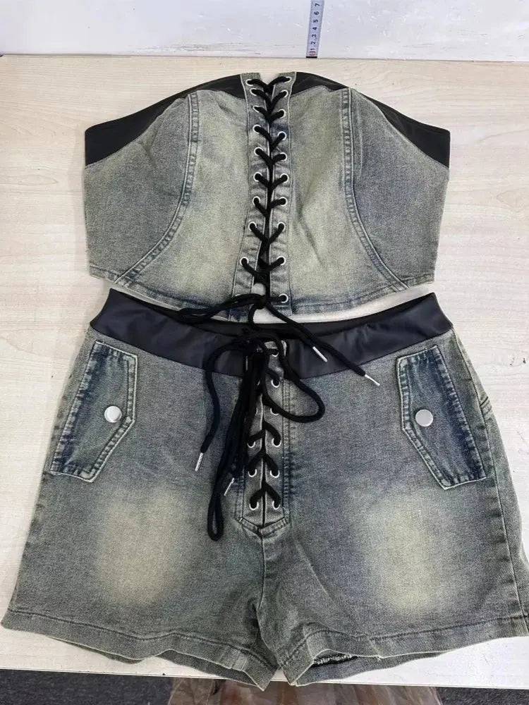 Tie Up Denim Short Set