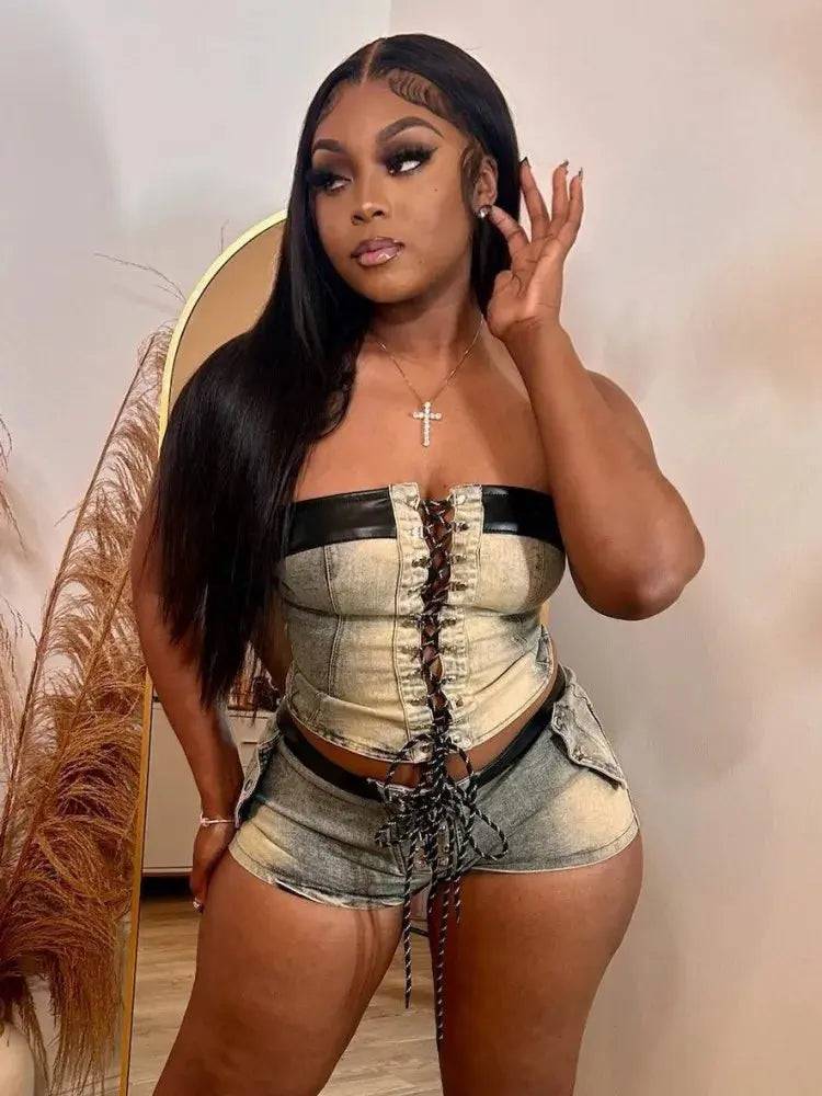Tie Up Denim Short Set Champagne