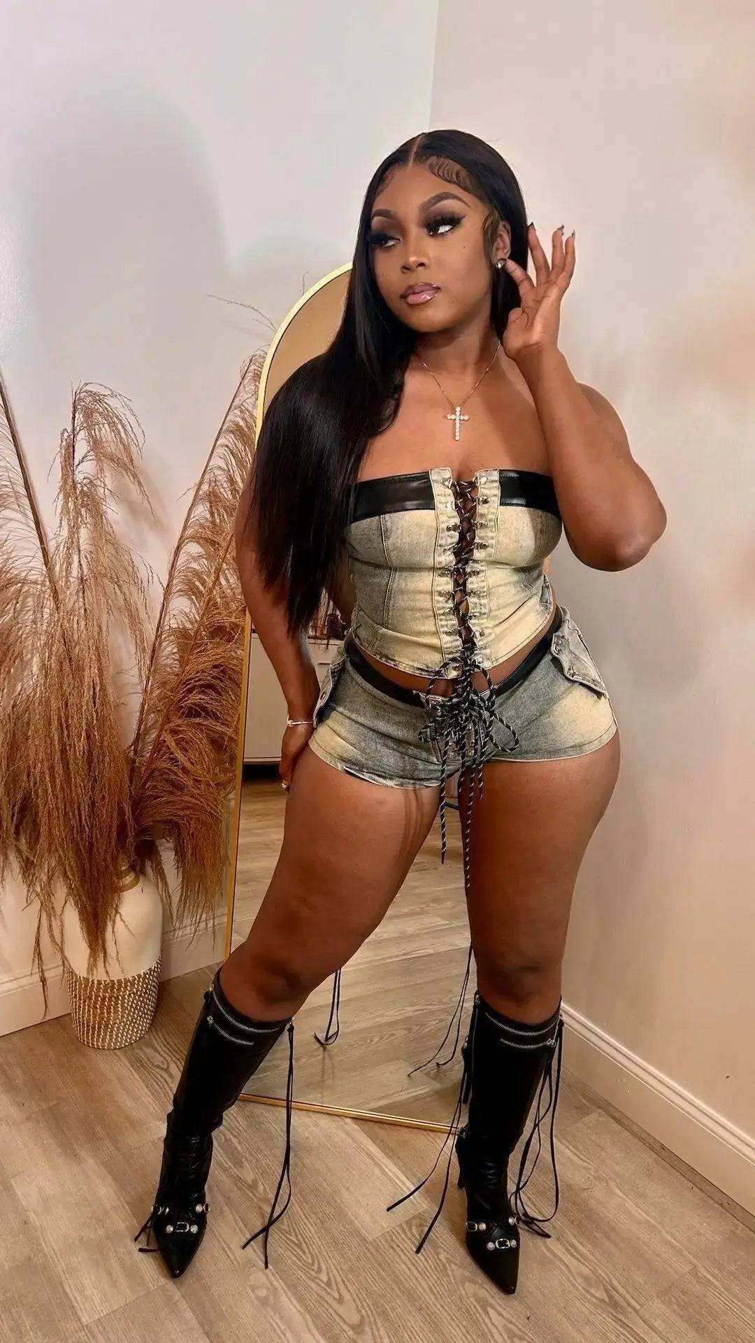Tie Up Denim Short Set