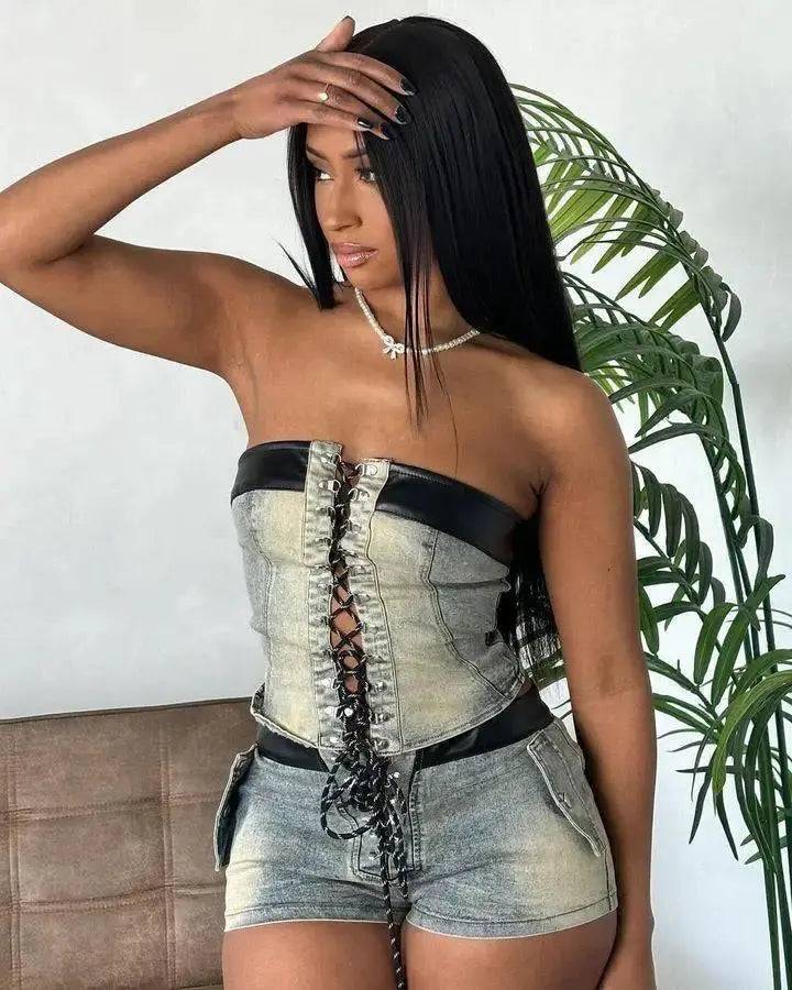 Tie Up Denim Short Set