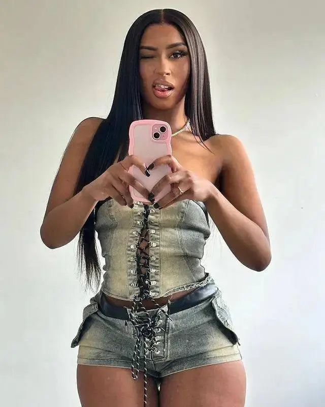 Tie Up Denim Short Set