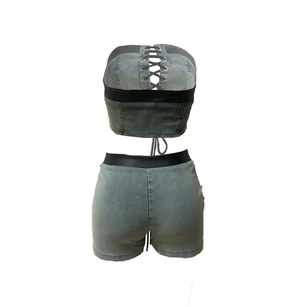 Tie Up Denim Short Set