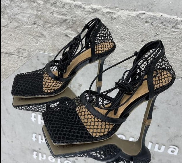 Trendy Lace Up High Heels Black