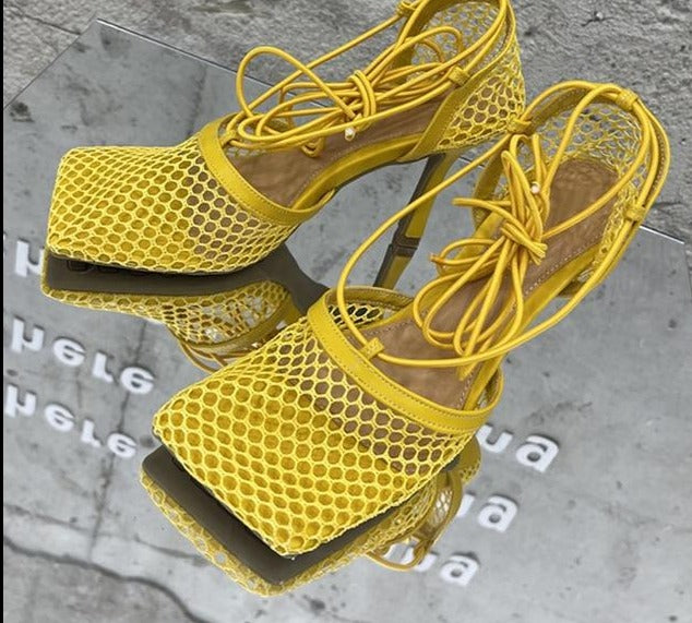 Trendy Lace Up High Heels Yellow
