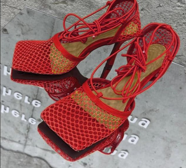 Trendy Lace Up High Heels Red