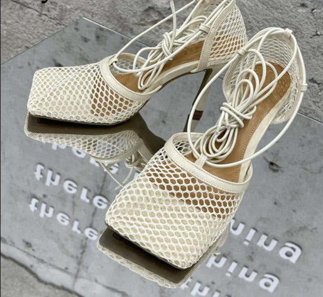 Trendy Lace Up High Heels Apricot