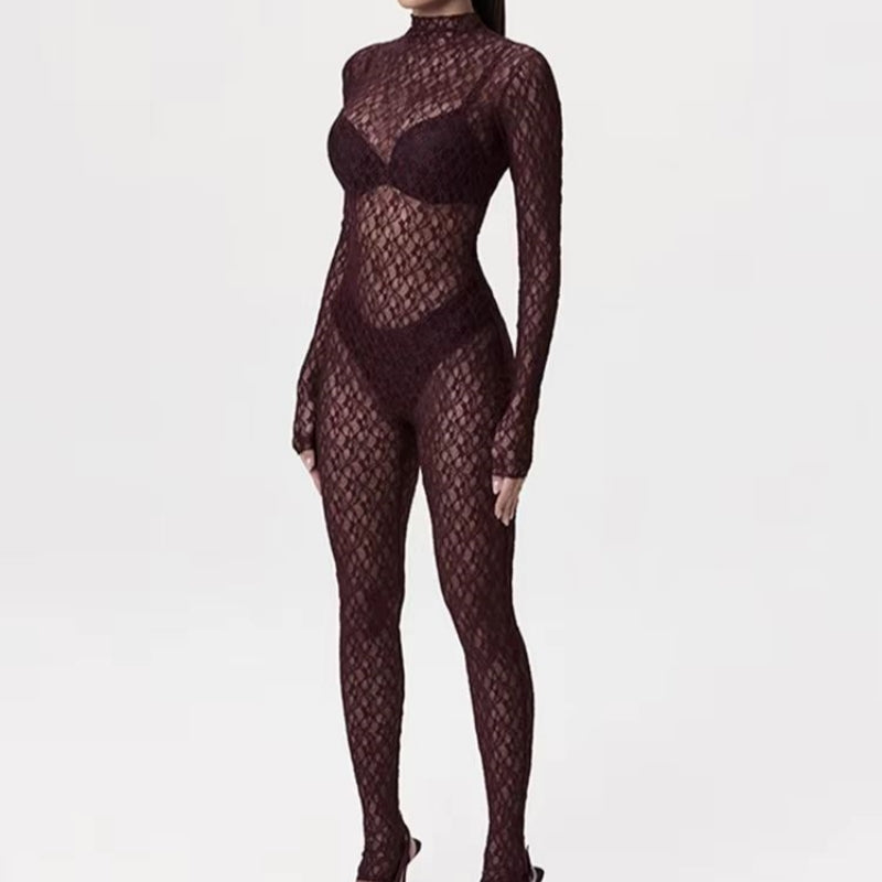 Lace Mesh Jumpsuit Claret