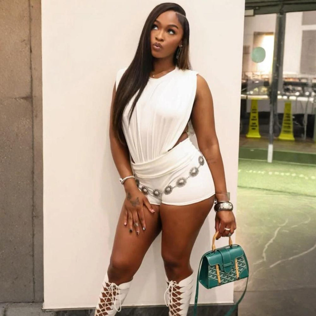 Edge Cut Bodysuit Shorts Set White