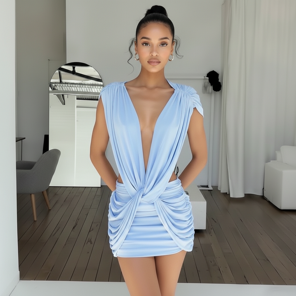 Drape Plunge Knot Mini Dress