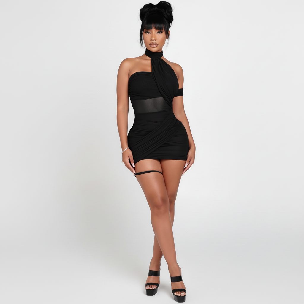 Mesh Wrap Halter Mini Dress