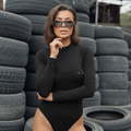 Mock Neck Piercing Bodysuit Black