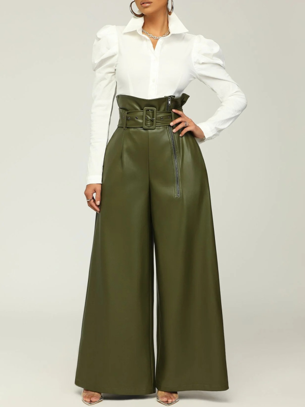 Faux-Leather Wide-Leg Belted Pants--Clearance
