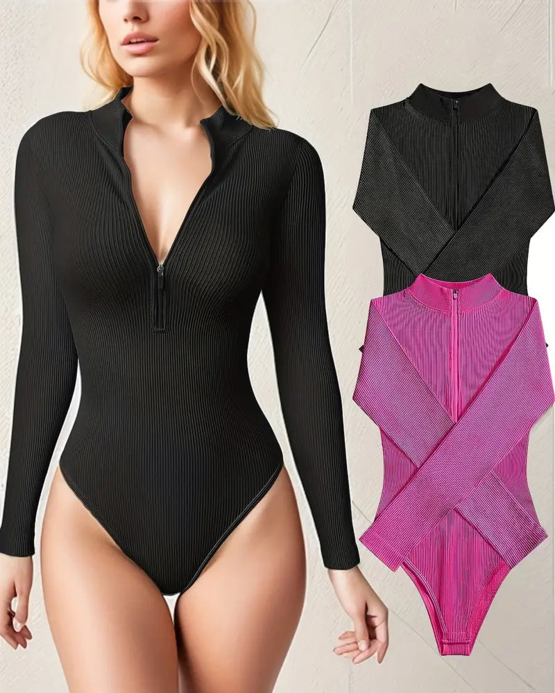 Fashion Long Sleeve Zipper Front Sexy Ribbed Tights