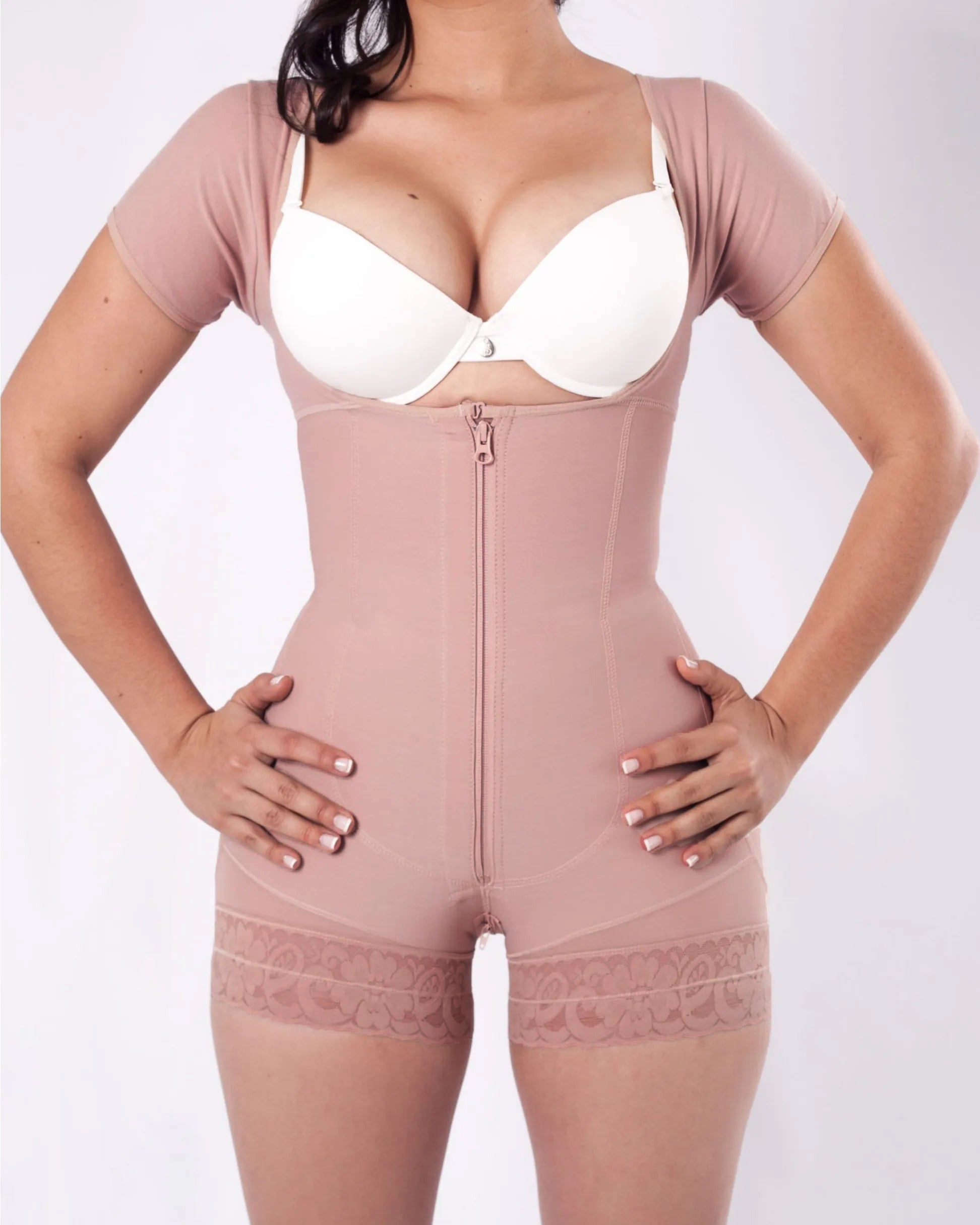 Short Sleeve Tummy Control Fajas Shapewear RosyBrown