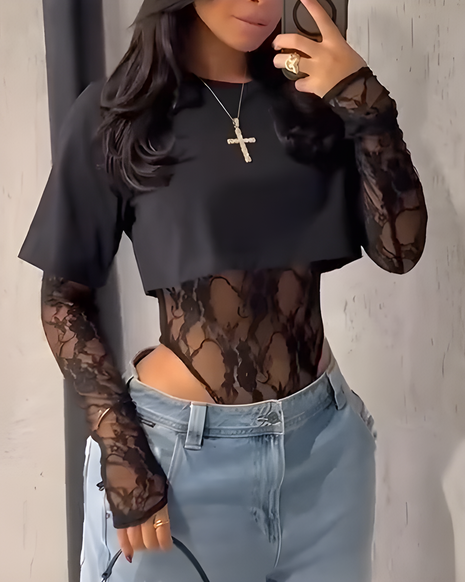 Lace Bodysuit T-Shirt Two-Piece Set Black