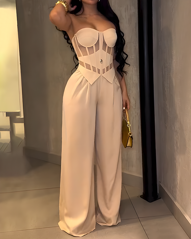 Bandeau Slimming Fit Casual Wide-Leg Jumpsuit Beige