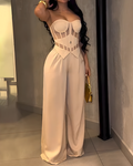 Bandeau Slimming Fit Casual Wide-Leg Jumpsuit Beige