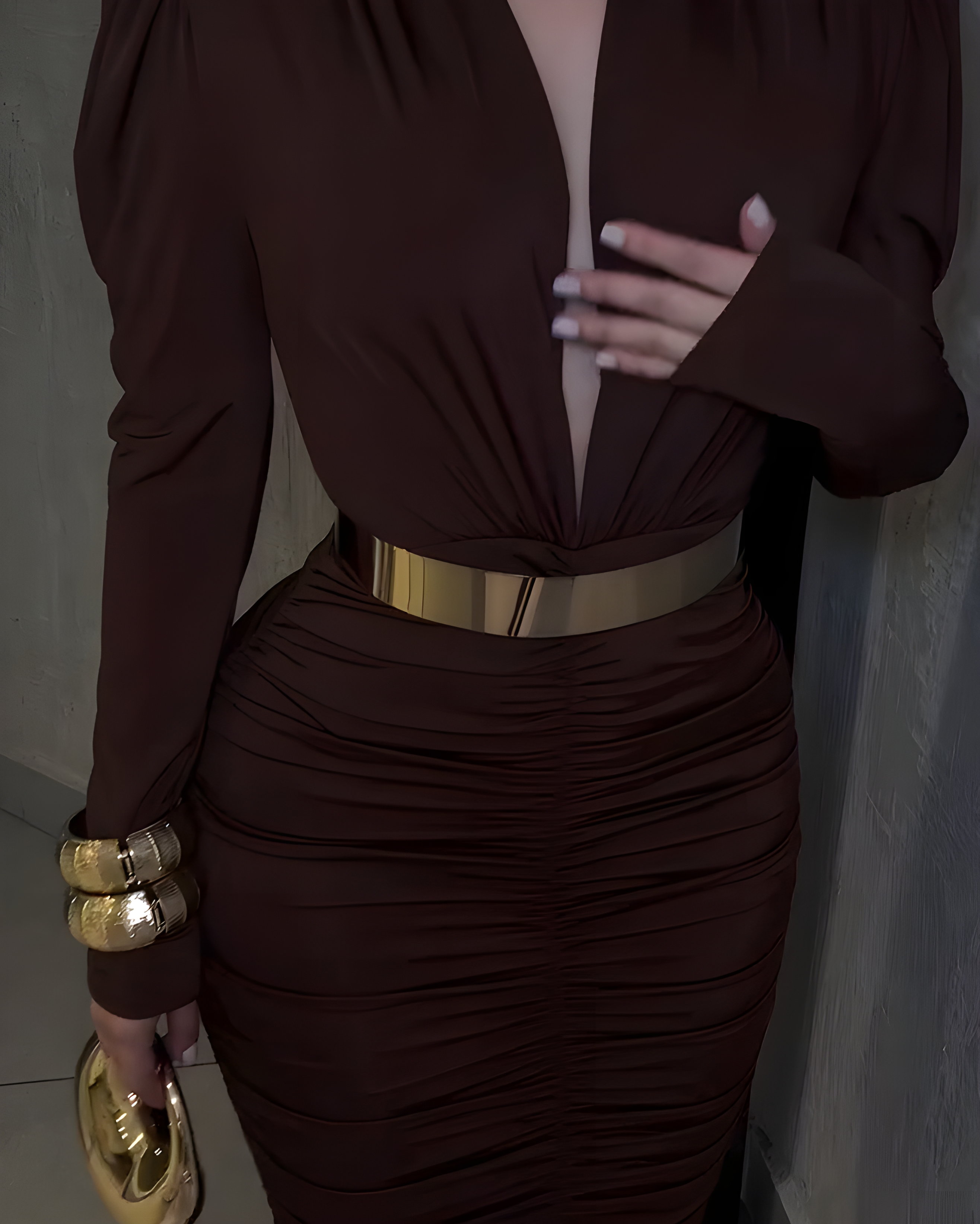 Women's Long-Sleeved V-Neck Ruched Bodycon Dress