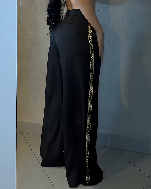 Women's Metal Chain Trim Wide-Leg Casual Pants