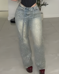 Fashion Rhinestone Straight Leg Jeans Lightblue
