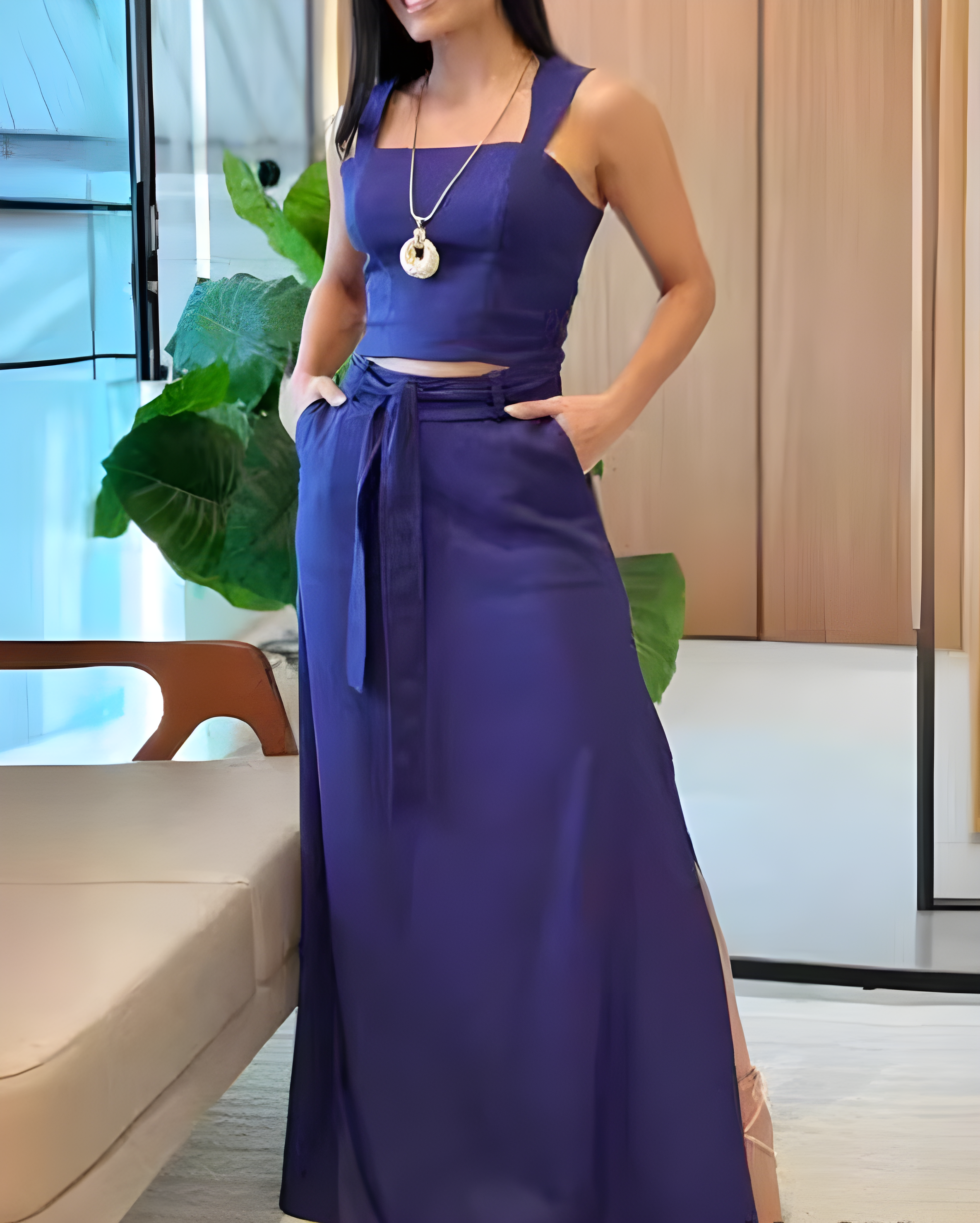 Women's Fashion Sleeveless Slit Skirt 2-Piece Set Blue