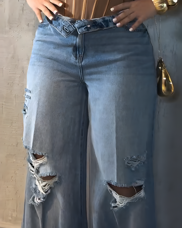 Women's Ripped High-Waisted Wide-Leg Jeans