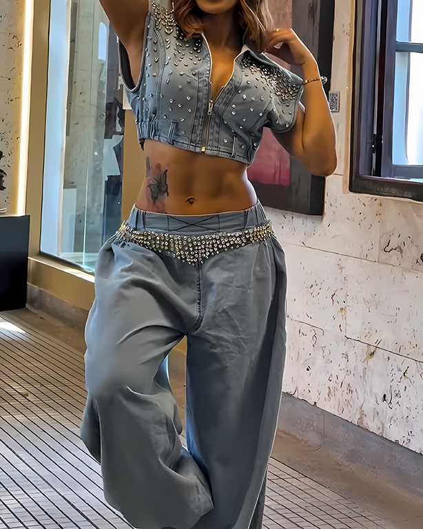 Sparkling Rhinestone Denim Two-Piece Set