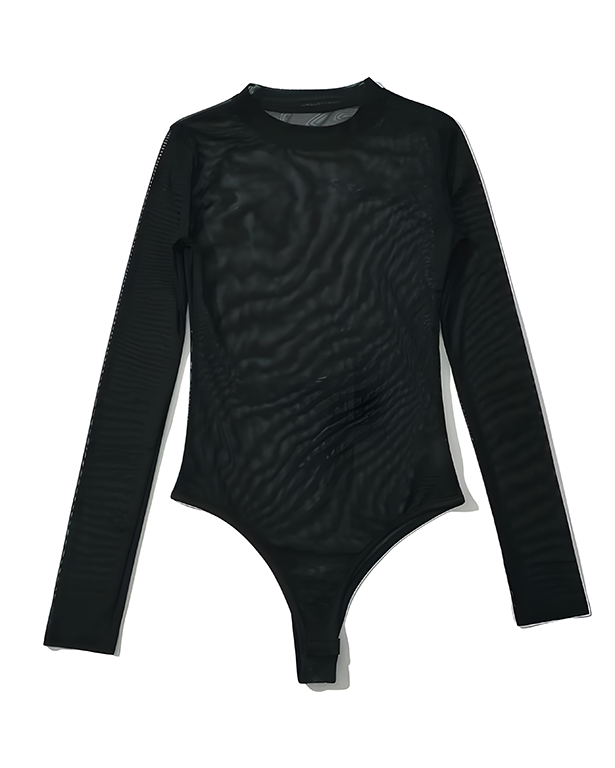 Sheer Mesh Crew Neck Long Sleeve Thong Bodysuit
