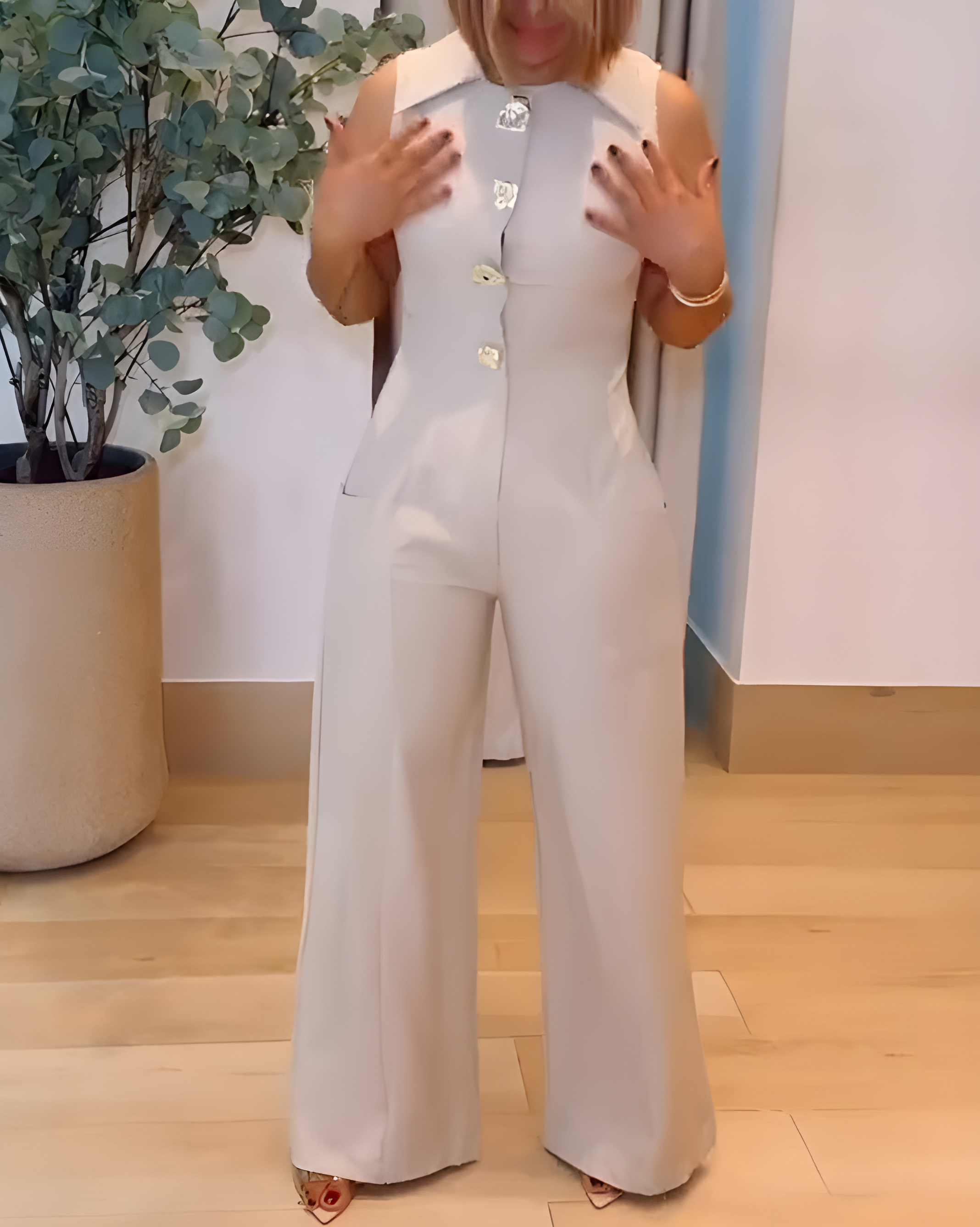 Women's Fashion Sleeveless Slim Fit Wide Leg Jumpsuit Beige