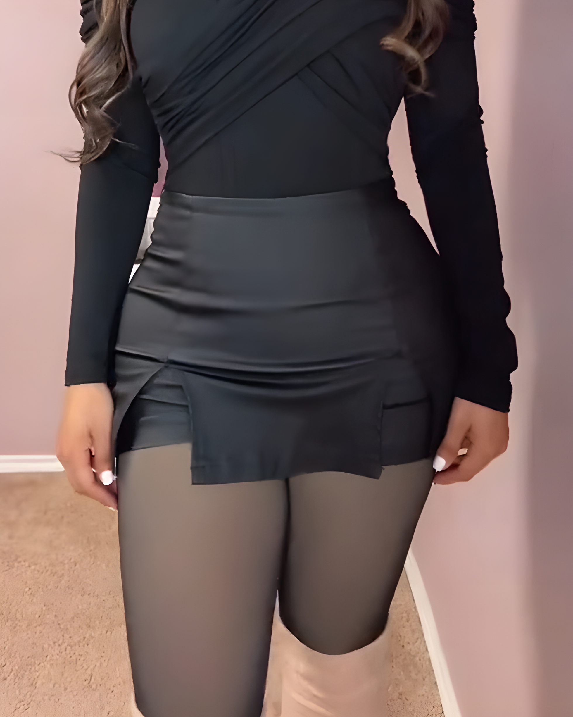 Women's Slim-Fit Front Slit Leather Skirt Shorts Black