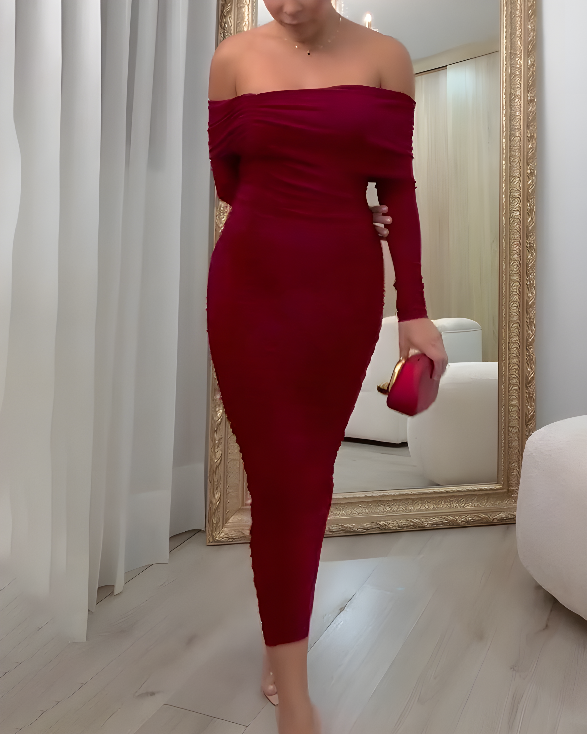 Off-the-Shoulder Long-Sleeved Ruched Bodycon Dress DarkRed
