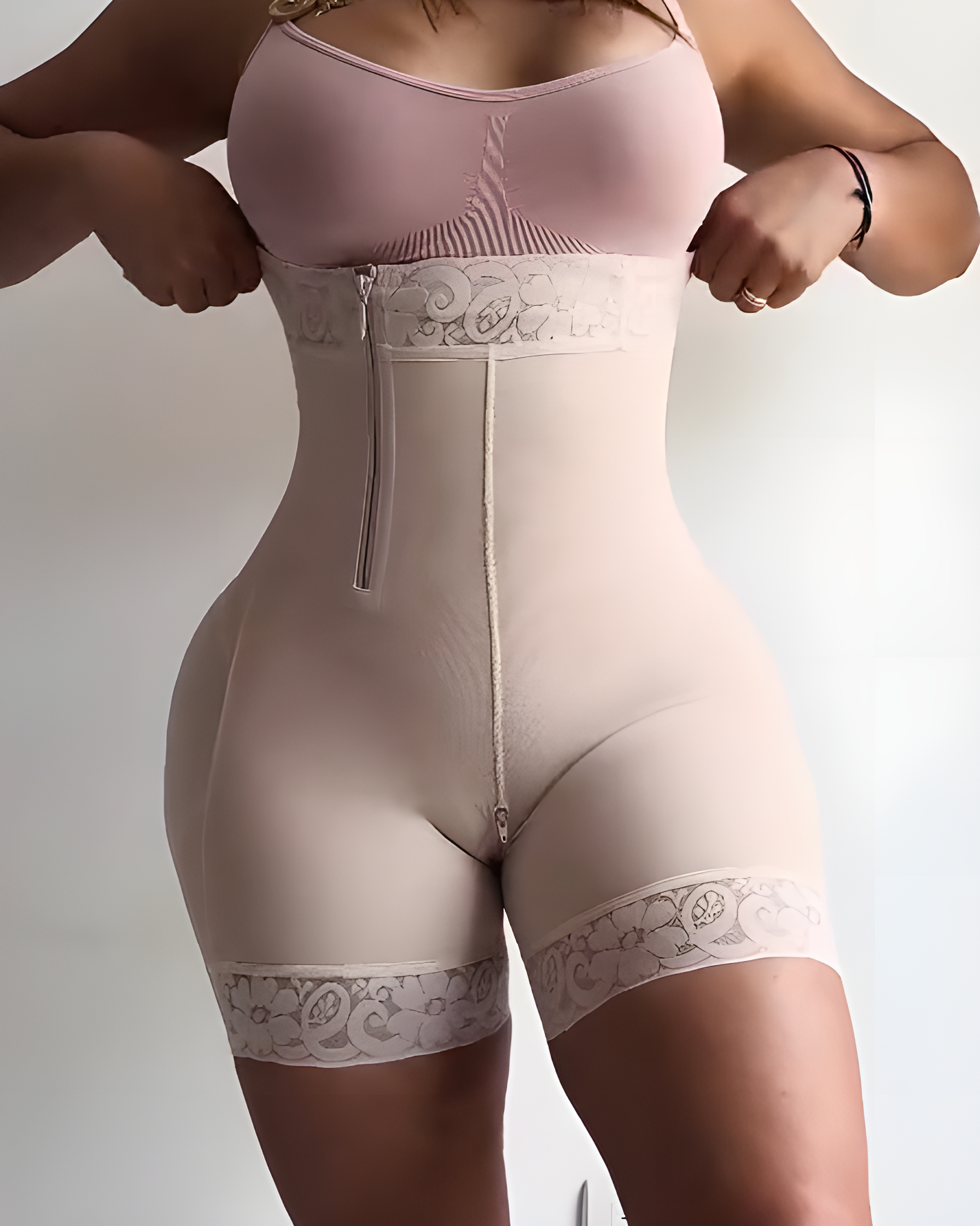 Side Zipper Lace Trim Butt Lifter Shorts Beiges