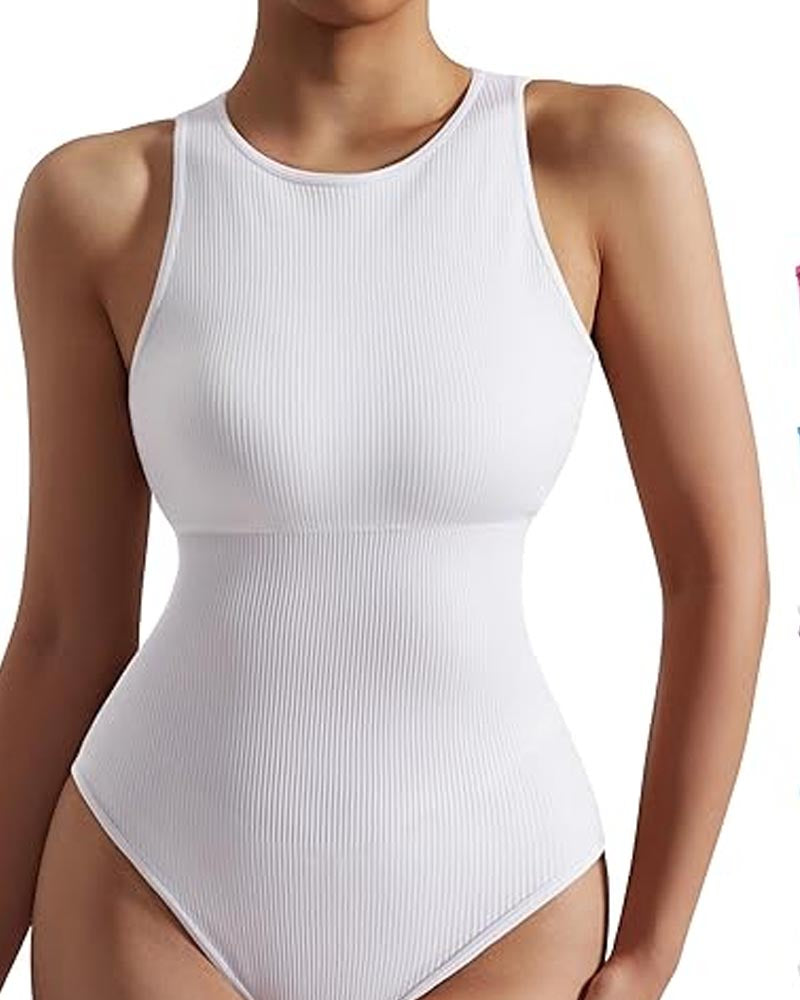 Ribbed Sleeveless Triangle Bodysuit White