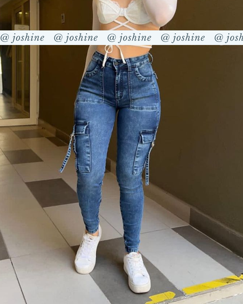 Light Blue Skinny Cargo Jeans Blue