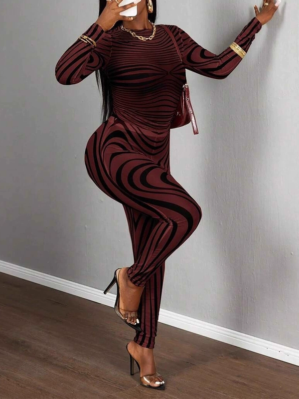 Printed Sheer Pants Set Burgundy