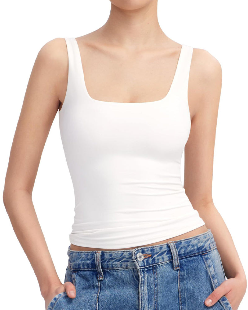 Fashion Square Neck Sleeveless Lined Basic Tops White