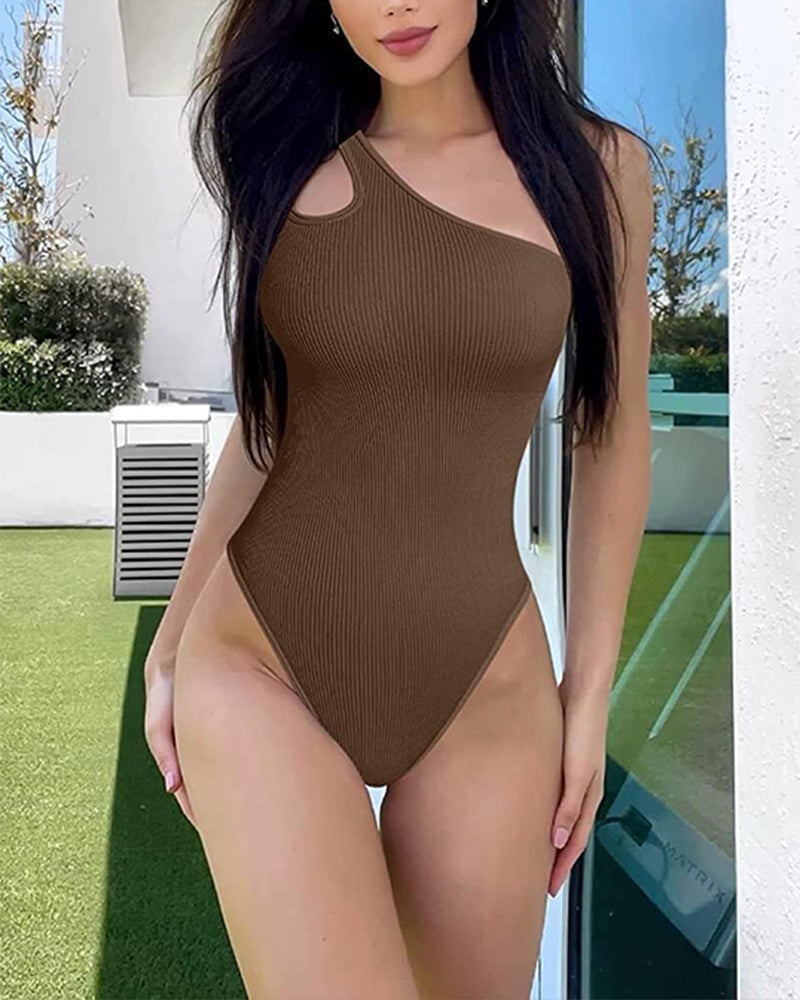 Fashion Ribbed One Shoulder Tummy Control Sexy Bodysuits