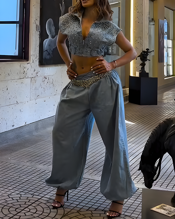 Sparkling Rhinestone Denim Two-Piece Set Blue