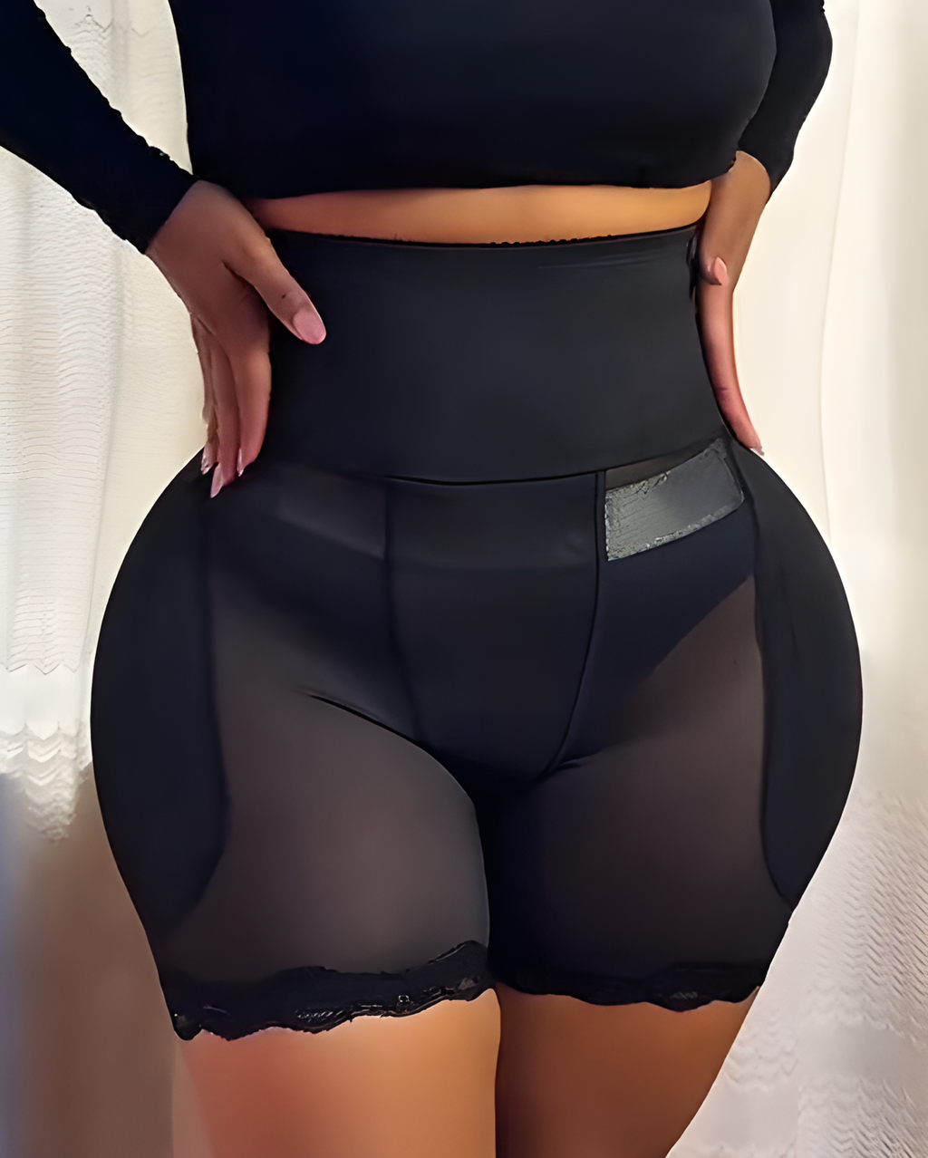 Lace Sheer Mesh Hip-Lifting Shorts with Padded Black
