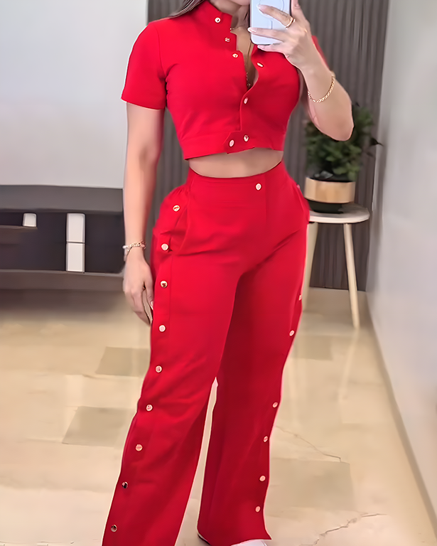 Fashion Casual Short Sleeve Wide Leg 2-Piece Set Red