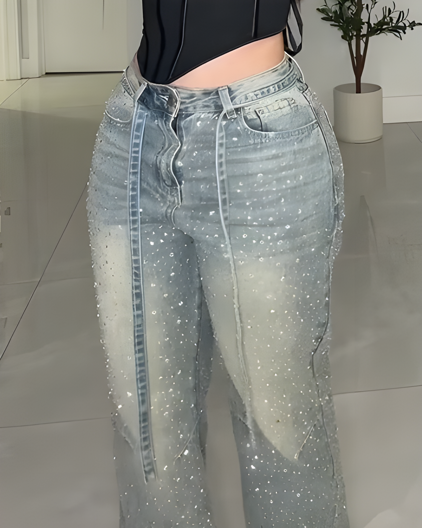 Fashion Rhinestone Straight Leg Jeans