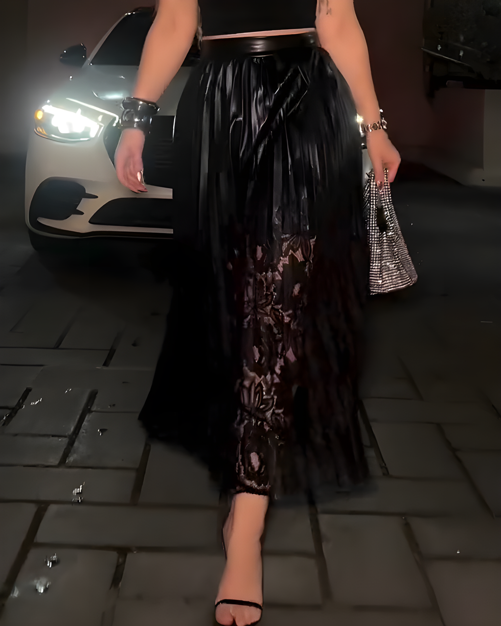 Sexy Lace Mesh Leather-Lined Skirt