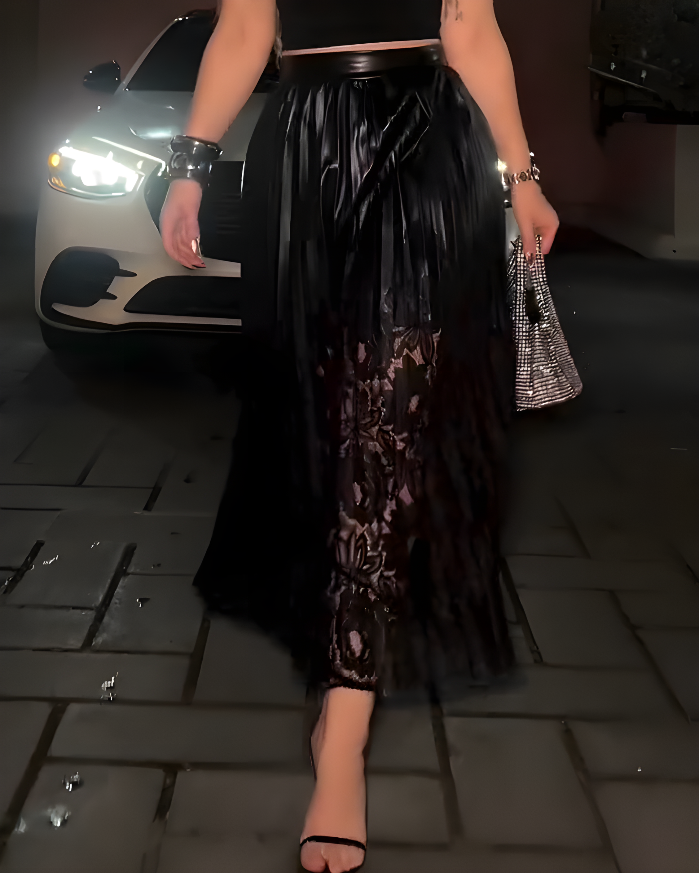 Sexy Lace Mesh Leather-Lined Skirt