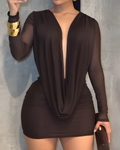 Sexy V-Neck Mesh Backless Bodycon Mini Dress Brown