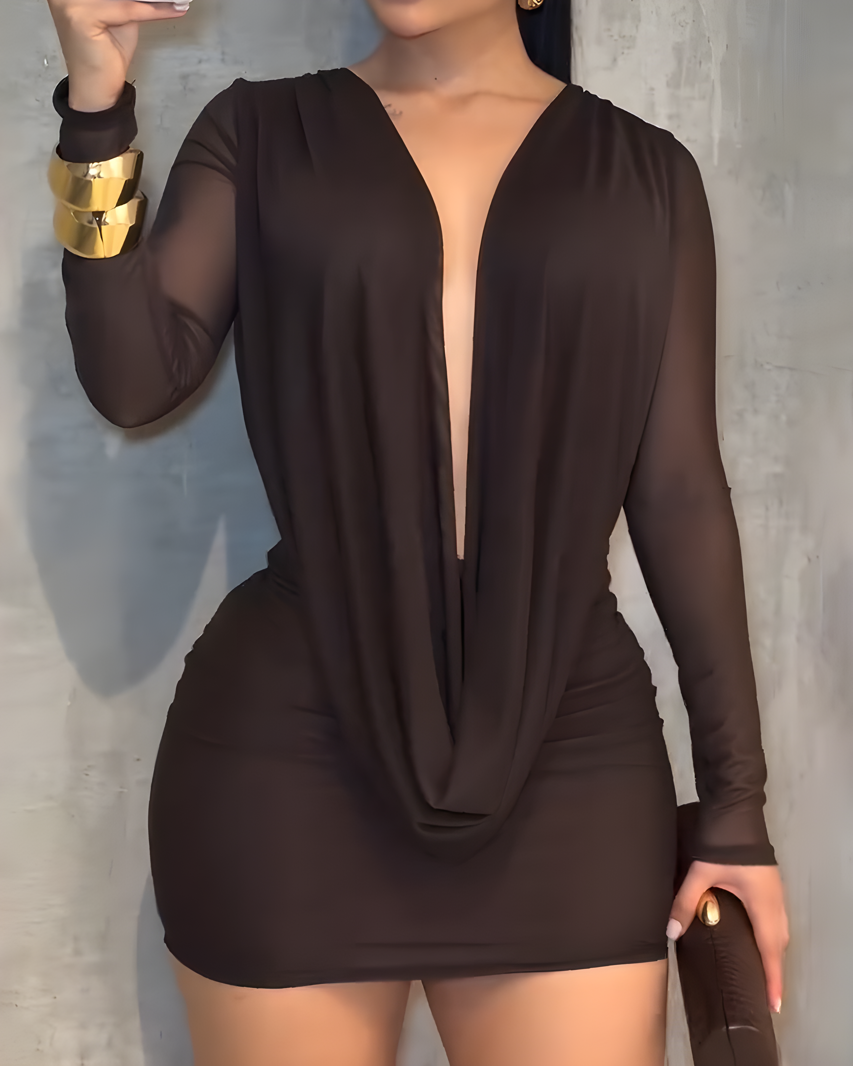 Sexy V-Neck Mesh Backless Bodycon Mini Dress Brown