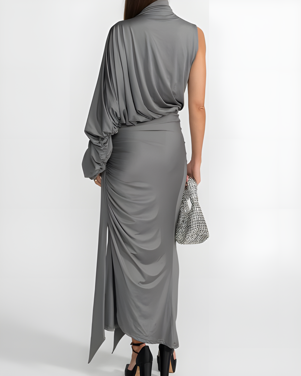 Women's One-Shoulder Sleeve Ruched Slim Skirt 2-Piece Set