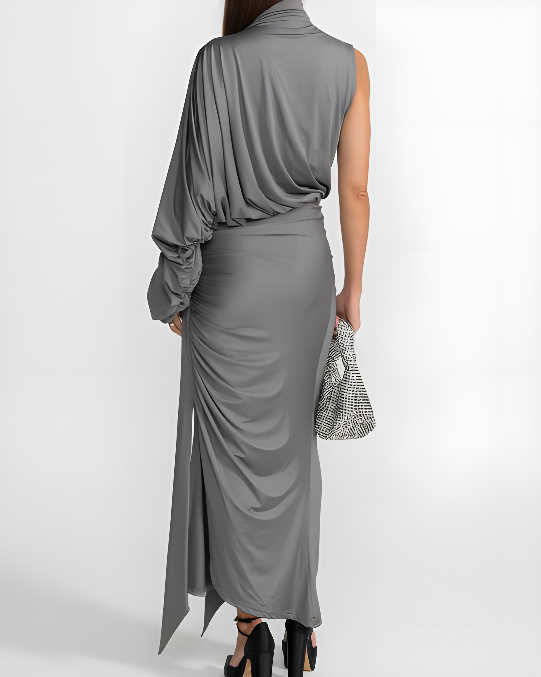 Women's One-Shoulder Sleeve Ruched Slim Skirt 2-Piece Set